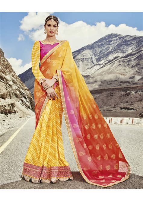 Georgette Yellow Chiffon Saree